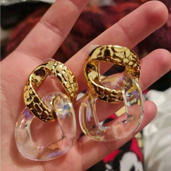 Gold Statement Hoop Earrings Chunky Clear Resin Chain Link Oversized 💖 - Picture 9 of 12